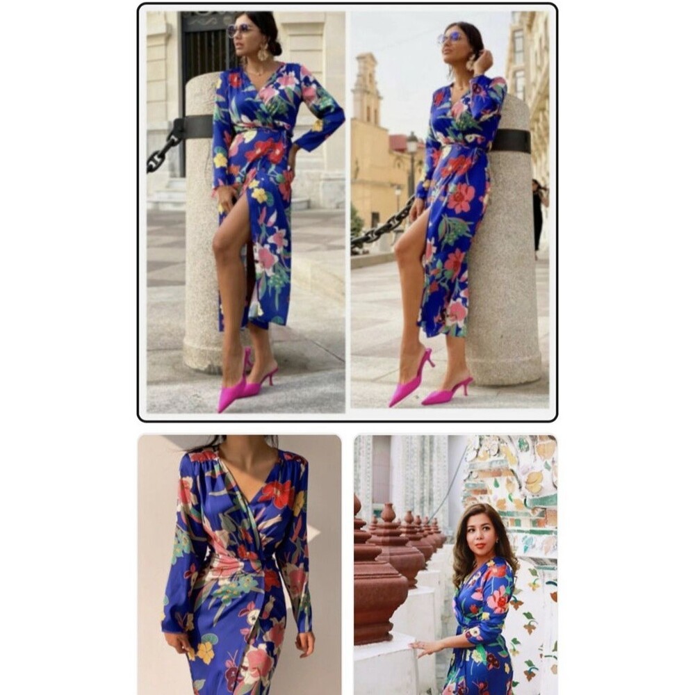 Zara Blue Floral Wrap Dress Satin Feel Long Sleeve Maxi Boho Romantic S
